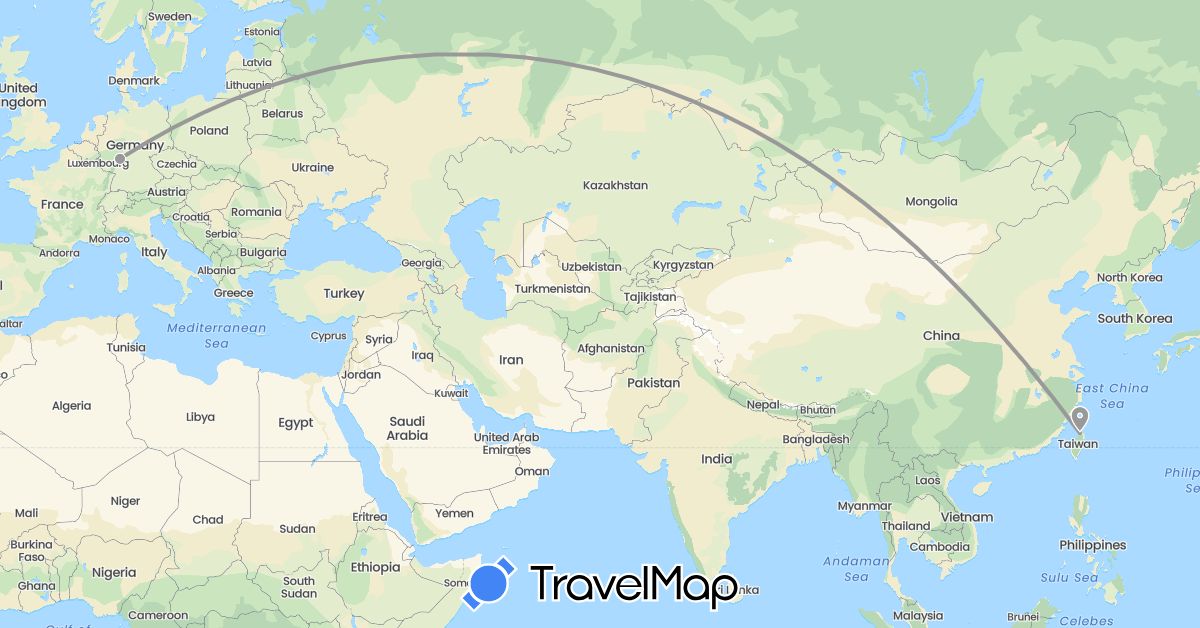 TravelMap itinerary: driving, plane in Germany, Taiwan (Asia, Europe)
